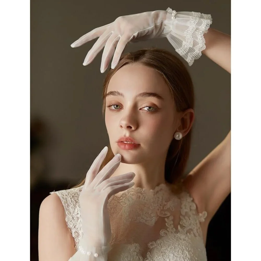 Women's Lvory-3 Short Pearls Lace Border Mesh Gloves Wedding Formal Party Prom